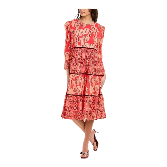 NWT Ro's Garden Robin Midi Dress, Size L, Color Scarlet